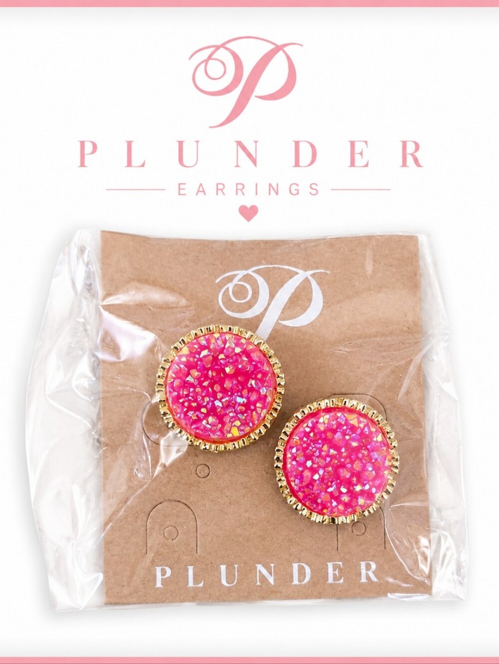 Plunder Design Pink Druzy Gold Stud Earrings NWT